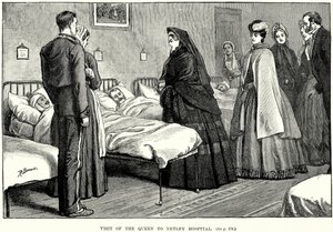 Bezoek van de koningin aan het Netley Hospital (gravure) door English School
