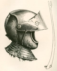 Helm met vizier daterend uit ca. 1643. Het stuk aan de zijkant is de viziersteun, op ware grootte, gebruikt om het vizier op verschillende hoeken te houden volgens de gebruikte inkeping, uit The British Army: Its Origins, Progress and Equipment, gepublicee door English School