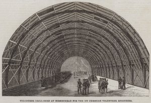 Vrijwillige oefenloods in Birkenhead voor de 1e Cheshire Vrijwillige Ingenieurs (gravure) door English School