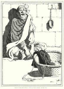 Wachten op werk, met een grote mand voor hem (gravure) door English School