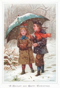 Wandelen onder paraplu in sneeuwstorm, Kerstkaart door English School