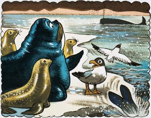 Walrus en meeuwen kijken naar walvis