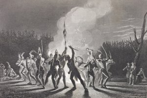 Washington en Fairfax bij een Indiaanse oorlogsdans, 1748, uit 
