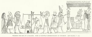 Het wegen van de ziel in een balans, uit een Egyptische voorstelling van het oordeel