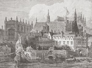 Westminster Hall gezien vanaf de Theems tijdens het bewind van Karel I door English School