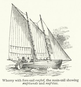Wherry met gereefd voorzeil, het grootzeil met reefbanden en reef-ties (gravure) door English School