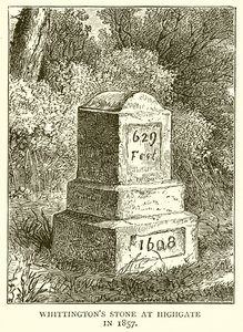 Whittingtons Steen bij Highgate in 1857 door English School