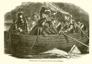Willem III in een open boot voor de kust van Holland door English School