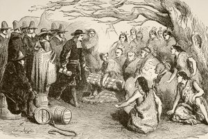 William Penn sluit een verdrag met de Delaware of Lenape Indianen in 1682 (litho) door English School