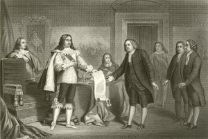William Penn ontvangt het Handvest van Pennsylvania van Karel II door English School