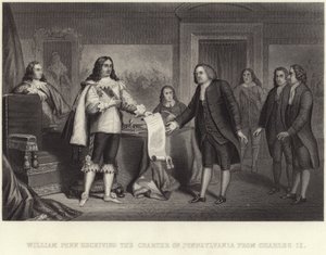 William Penn ontvangt het handvest van Pennsylvania van Karel II door English School