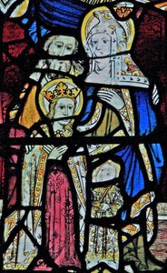 Raam Ew met St. Anna, Joachim, de Maagd Maria en het Christuskind door English School
