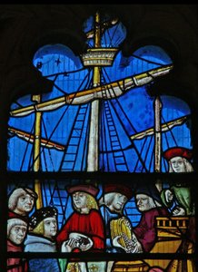 Raam SaEw met een scène uit een legende van St. Nicolaas: de graanschepen lossen in Myra door English School