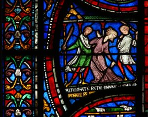 Een scène uit een St. Thomas Becket wonderraam: Het verhaal van Mad Matilda van Keulen door English School
