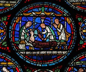 Een scène uit een St. Thomas Becket wonderraam: Cicely van Plumstead(?) zit rechtop op haar lijkbaar door English School