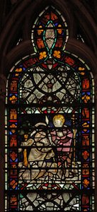 Raam w58 met de ongelovige St. Thomas; grisaille en rand door English School