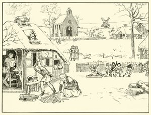 Winterscène in een Dorp. 14e Eeuw door English School