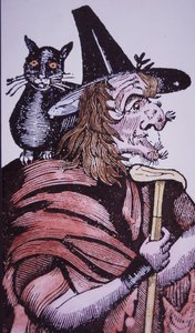 Heks met haar kat (houtsnede)