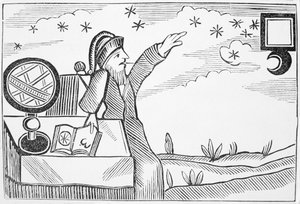 Tovenaar Raadpleegt de Maan en de Sterren, illustratie uit een verzameling chapbooks over esoterica