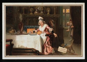 Vrouw drinkt thee met haar kat, kerstkaart