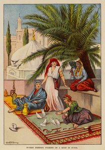 Vrouwen die duiven voeren op een dak in Tunis