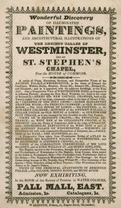 Wonderbaarlijke ontdekking van verlichte schilderijen en architecturale illustraties van het oude Palace of Westminster en van St. Stephens Chapel, nu het Lagerhuis door English School