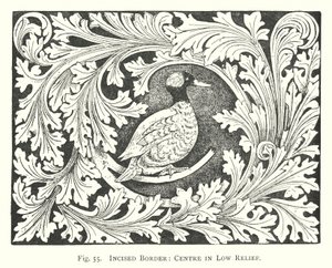Houtsnijwerk: Ingesneden rand, midden in laag reliëf (gravure) door English School