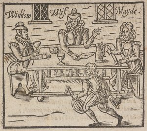 Houtsnede die vrouwen toont die rond een tafel zitten, een weduwe, vrouw en dienstmeid