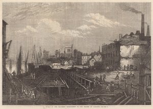 Werken aan de zuidelijke Embankment van de Thames bij Lambeth door English School
