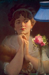 Jonge vrouw en een vos onder lamplicht (kleurenlitho)