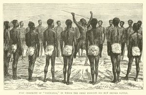 Zulu ceremonie van Ukuncinsa, waarin de chef zijn mannen voor de strijd aanspoort