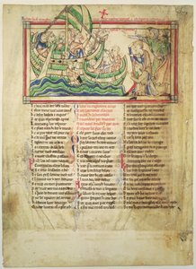 f.4v Thomas a Becket landt in Sandwich en zegent het water, uit de Becket Leaves, ca. 1220-40 door English School