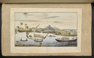 Rivierscène in Java met boten, inclusief een drakenkopboot