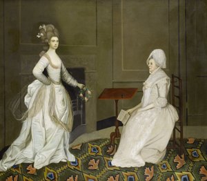 Twee dames in een interieur, een lezend, de ander met een bloemenkrans