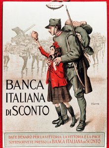 Eerste Wereldoorlog: Italiaanse poster die een nationale lening aanmoedigt, met een soldaat en een klein meisje die zijn lira aanbiedt - Illustratie door Enrico della Leonessa (Lioness) (1875-1921) door Enrico della Lionne