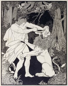 Tekening van Simson die vecht met een leeuw (gravure) door Ephraim Moses Lilien