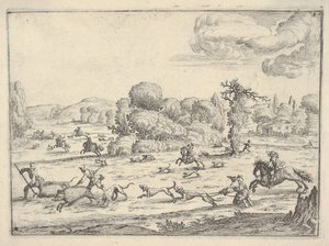 Everzwijnenjacht in een landschap, ca. 1620-38 door Ercole Bazicaluva