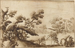 De Dood en de Houthakker in een Kustlandschap met Ruïnes door Ercole Bazicaluva