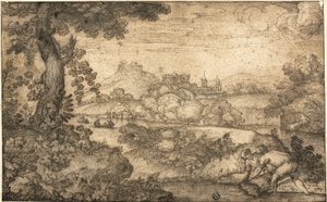 Landschap met figuren die tarwe binden op de voorgrond door Ercole Bazicaluva