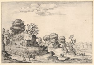 Landschap met boerderijen en een man die een paard leidt op de voorgrond door Ercole Bazicaluva