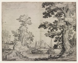 Landschap met een rivier tussen bomen en heuvels, twee schepen in het midden door Ercole Bazzicaluva