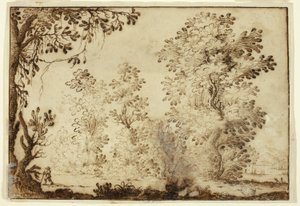 Boslandschap met reiziger op de voorgrond door Ercole Bazzicaluva