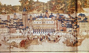 Uitzicht op Venetië (Dogenpaleis, San Marcoplein) (xylografie) door Erhard Reuwich