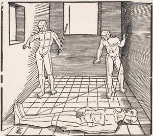 Drie mannelijke figuren in een kamer Uit: Unnderweissung der Proportzion door Erhard Schon