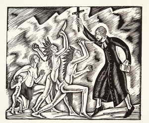 De aanval, uit The Travels and Sufferings of Father Jean de Brebeuf door Eric Gill