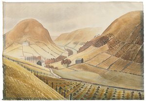 Korenstokken en boerderijen - Hill Farm, Capel-y-ffin, Wales door Eric Ravilious