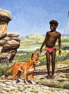 Aboriginal jongen met dingo (gouache op papier)