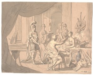 Antieke scène. Een voorname dame wordt versierd door andere dames voor een helmgedekte krijger door Erik Pauelsen