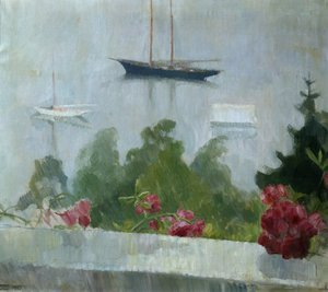 De boot, bloemen op de veranda