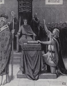 Harold Godwinson zweert een eed op heilige relikwieën om Willem, hertog van Normandië, te steunen (litho) door Ernest (after) Board
